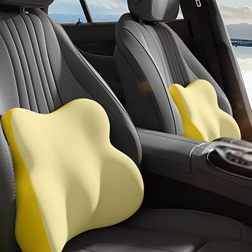 Car Headrest and Lumbar Support Pillow Combo for Ford Mondeo Combi BG 2011-2015, Station Wagon 5 Doors, 2-in-1 Set Memory Foam Neck Back Cushion Breathable Mesh,Yellow