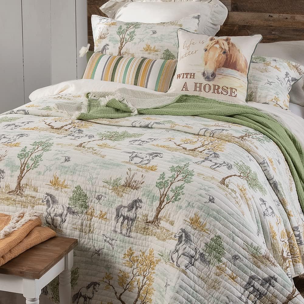 Rod's Graystone Meadow (Quilt)-Full/Queen Quilt-Horse Toile Western - Green Gray Taupe Tan Brown White-Quilt Size (90x92in.)-Reversible-Cotton