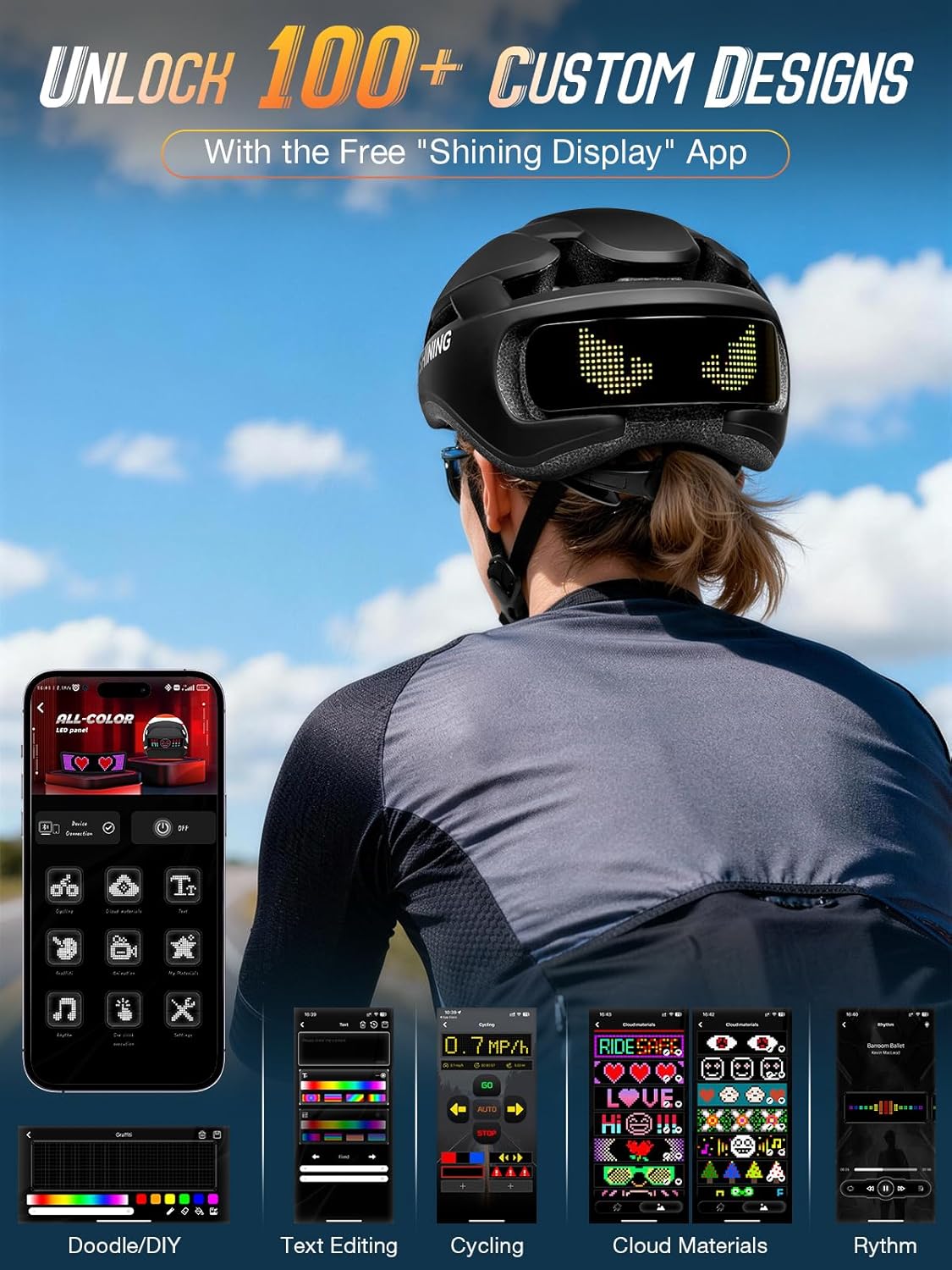 Gelrova LED Bike Helmet with Light - DIY LED Screen Display Helmet for Scooter, Bicycle, Bicycle Helmet Light for Adult Men and Women