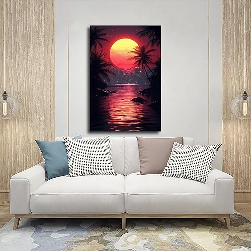 Miniatura 5 de ZMLIS Futuristic Vaporwave Retro Wall Art  Neon Grid Palm Trees City  Synthwave Style 80s Digital Print Canvas Wall Art Print Poster For Home School