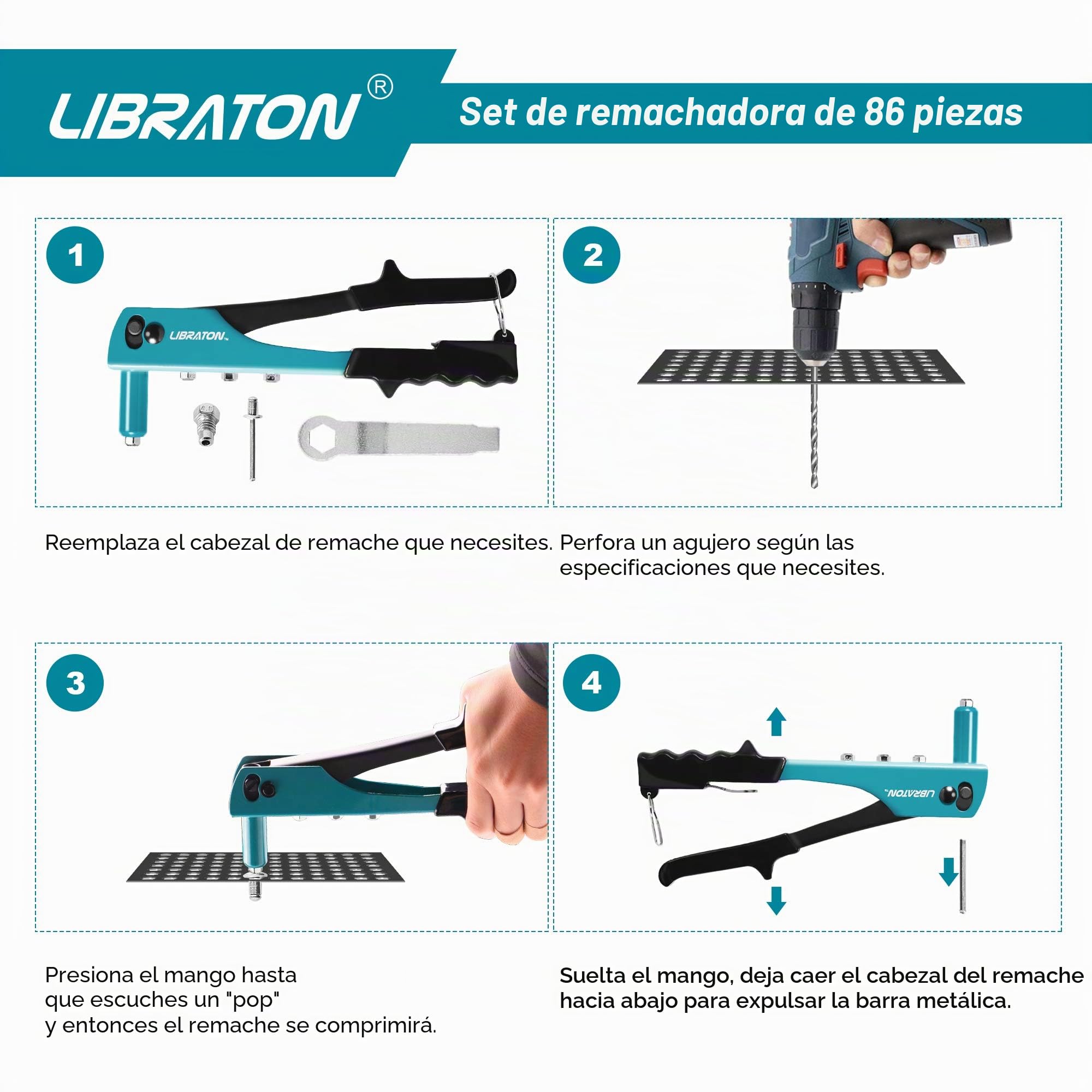 Libraton Remachadora Manual de 80 Piezas, Pistola de Remaches con Remaches de 4 Tamaños HSS Brocas, Herramienta Remachadora Profesional para Automoción, Ferrocarriles, Muebles, Instrumentos