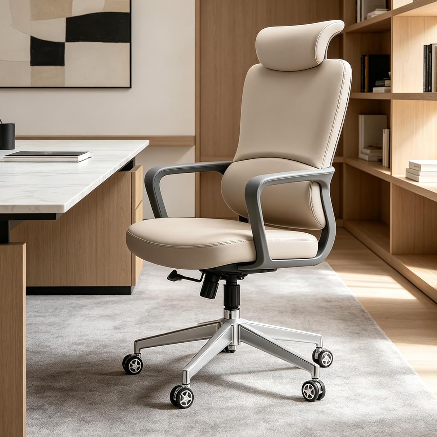 A660 Ergonomic Leather Office Chair, Environmentally Friendly Microfiber Leather with Large Size Flexible Lumbar Support,High-Elastic Sponge Seat, Soft Adjustable Headrest,Off-white