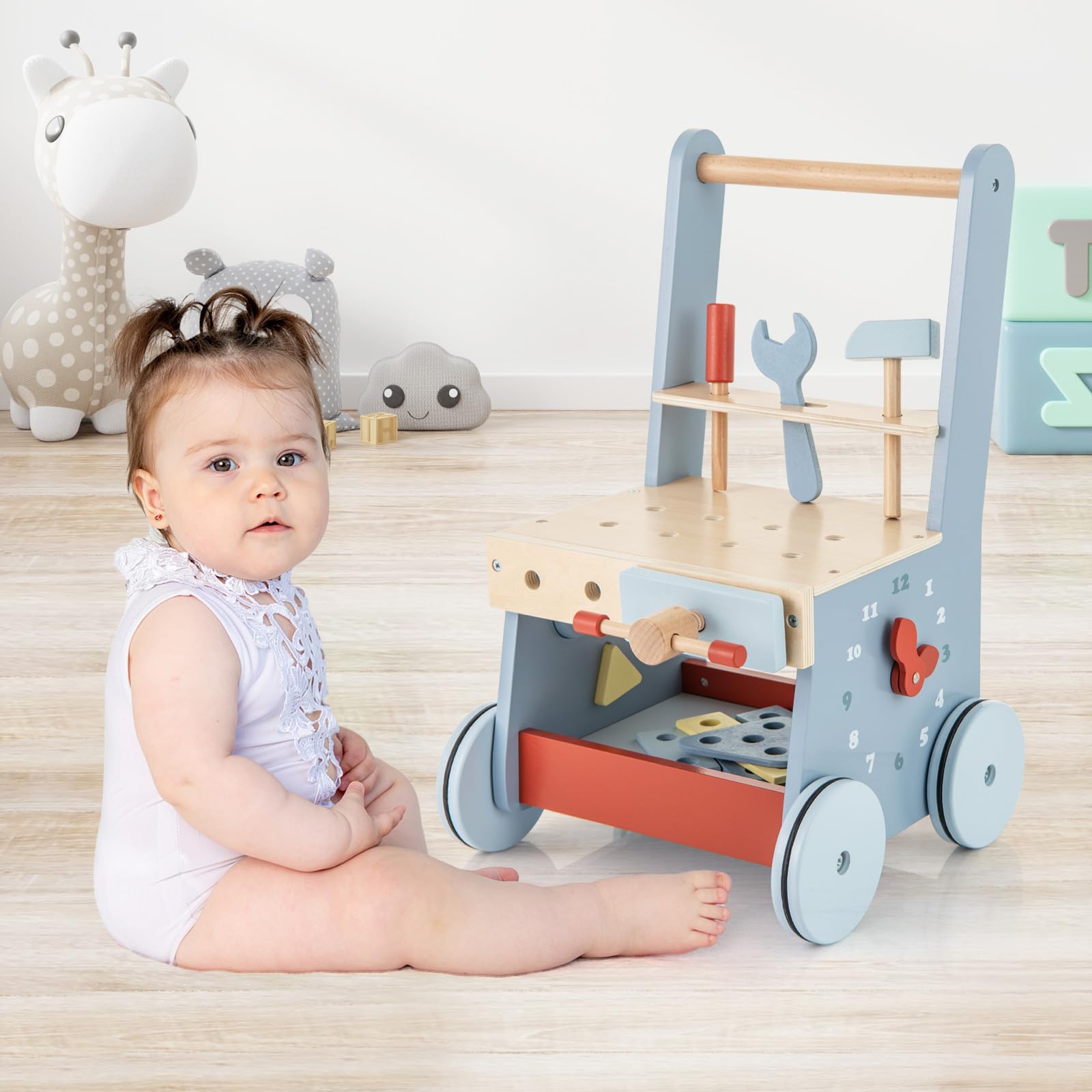 RELAX4LIFE 2 in-1 Carrello Primi Passi in Legno con Banco da Lavoro di Legno, Attrezzi Montessori, 4 Ruote, 30 x 30 x 47 cm (Modello 1)
