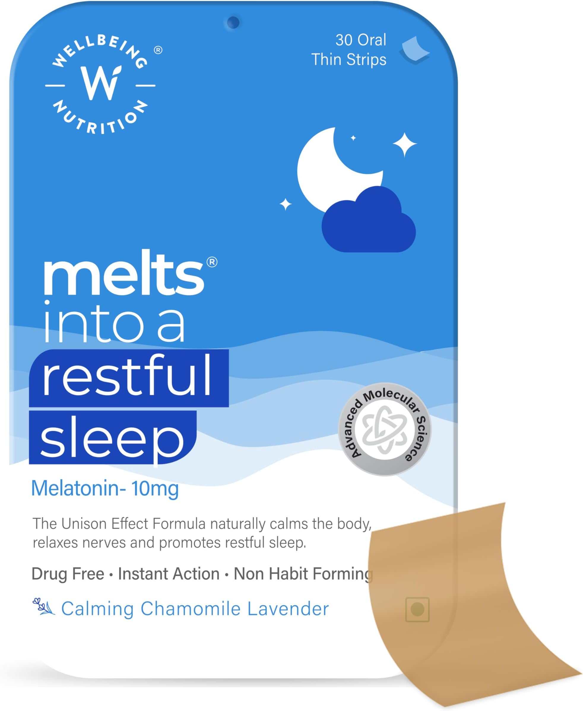 Wellbeing Nutrition Melts Restful Sleep Aid | Plant-Based Melatonin 10mg for Better Sleep with Chamomile, Tagara, L-Theanine | Non-Addictive Sleep-Aid, Safe, Natural, 30 Oral Strips