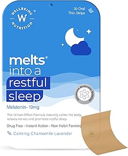 Wellbeing Nutrition Melts Restful Sleep Aid | Plant-Based Melatonin 10mg for Better Sleep with Chamomile, Tagara, L-Theanine | Non-Addictive Sleep-Aid, Safe, Natural, 30 Oral Strips