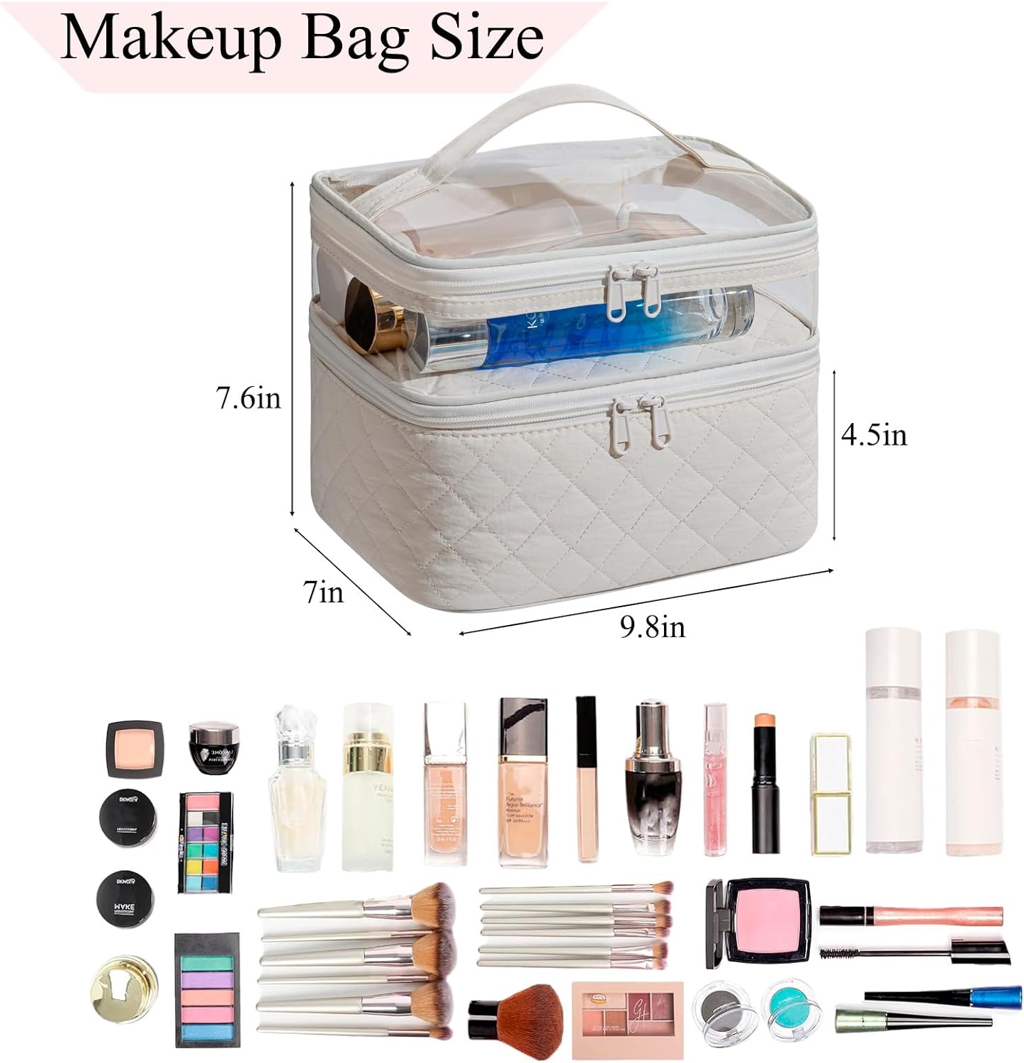 Large Quilted Makeup Bag with Brush Storage, Double Layer Toiletry Bag for Women, Cosmetic Bags for Women Girls, Travel Makeup Bag Skincare Bag with Zipper & Portable Handle image 2