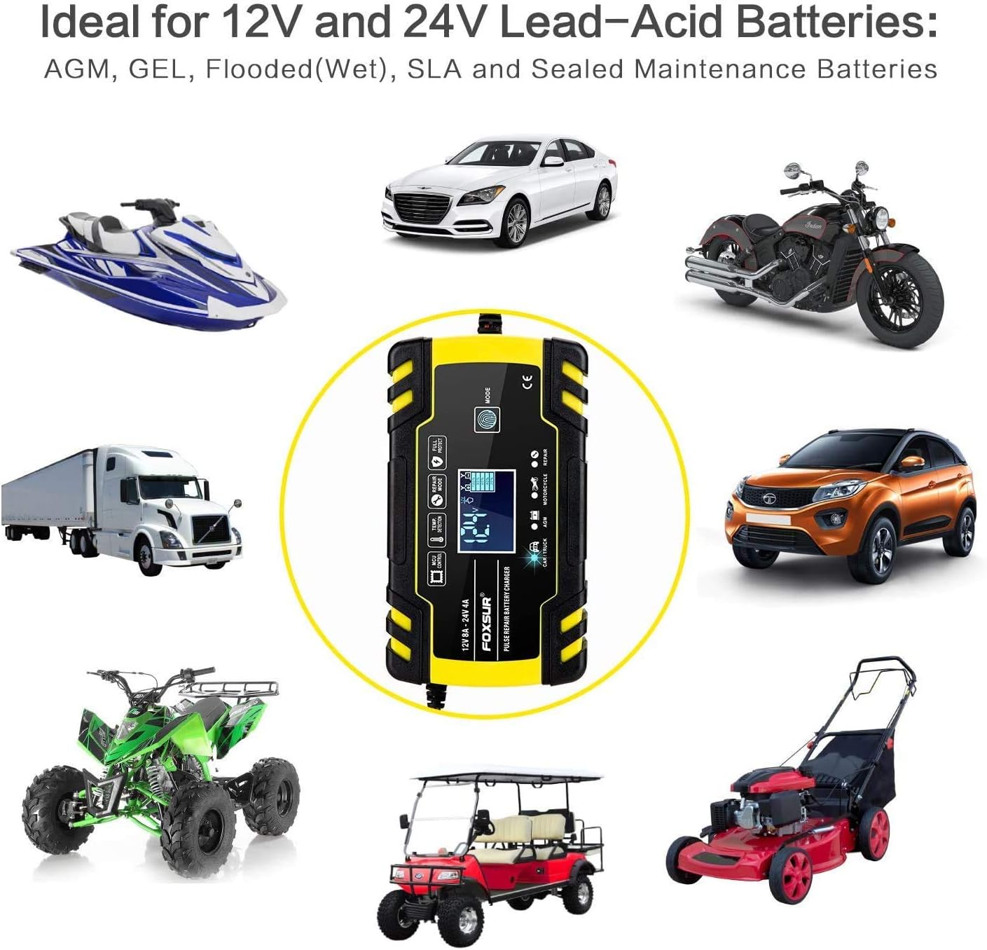 Car Battery Charger,12V/24V 8Amp Intelligent Automatic Battery Charger/Maintainer Delivers 3 Stage Charging, with LCD Screen and Have 6 Charging Mode, Suitable for More Types of Batteries