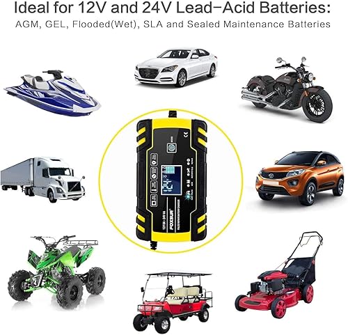 Miniatura 5 de Cargador de batería de coche FOXSUR, 12 V24 V 8 Amp Cargador de batería automático inteligente que proporciona carga de 3 etapas, con pantalla LCD y