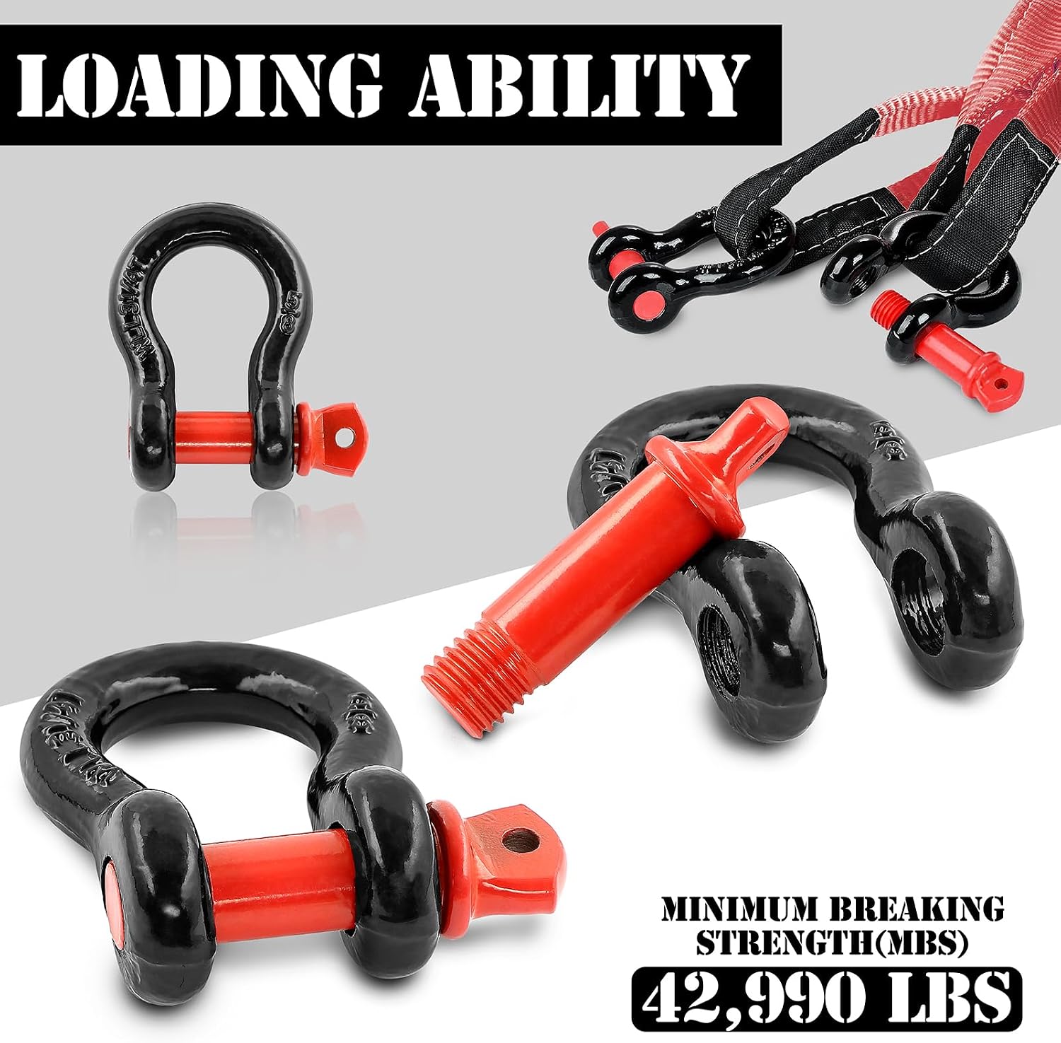 5/8" D Ring Shackle with 3/4" Screw Pin, 3.25T Working Load Limit (WLL) / 19.5T (42,990 lb) Minimum Breaking Strength (MBS) for Tow Strap Winch, Off-Road Vehicle Recovery (Black/Red, 2 Pack)