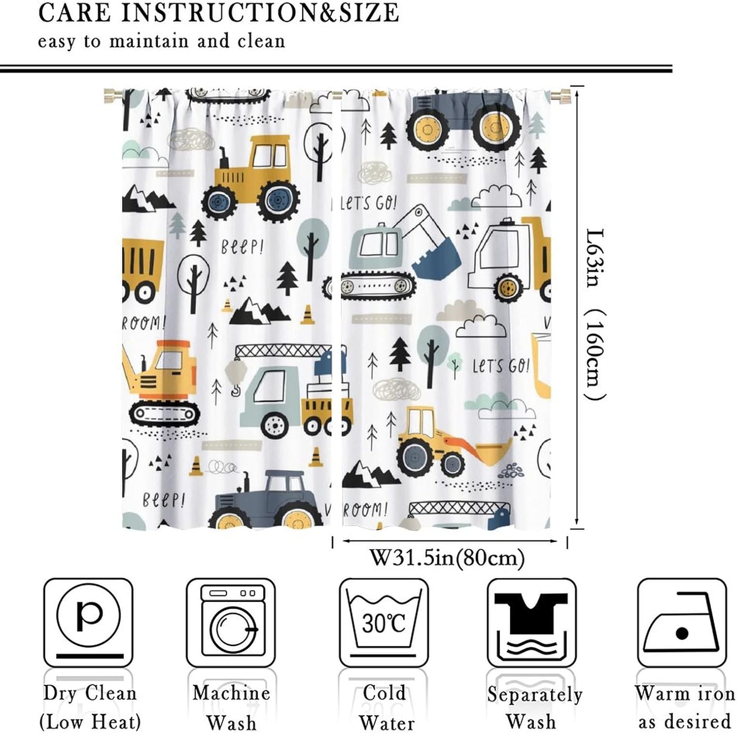 Construction Truck Blackout Curtains for Bedroom - Boys Kids Hand Painting Cartoon Excavator Window Drapes,Rod Pocket Room Darkening Curtains 2 Panels 63L x 31.5W