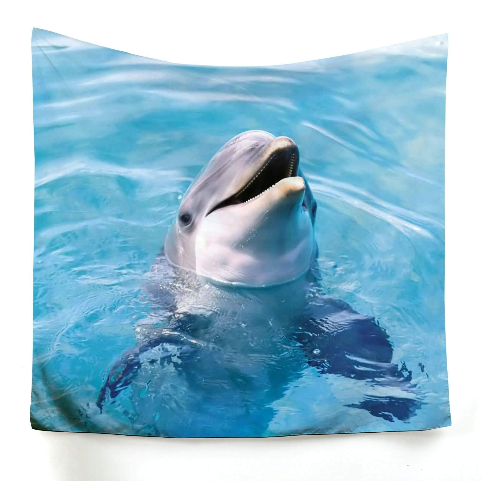 Tapisserie murale dauphin mignon decoration en toile imprimee bleu 150x150cm