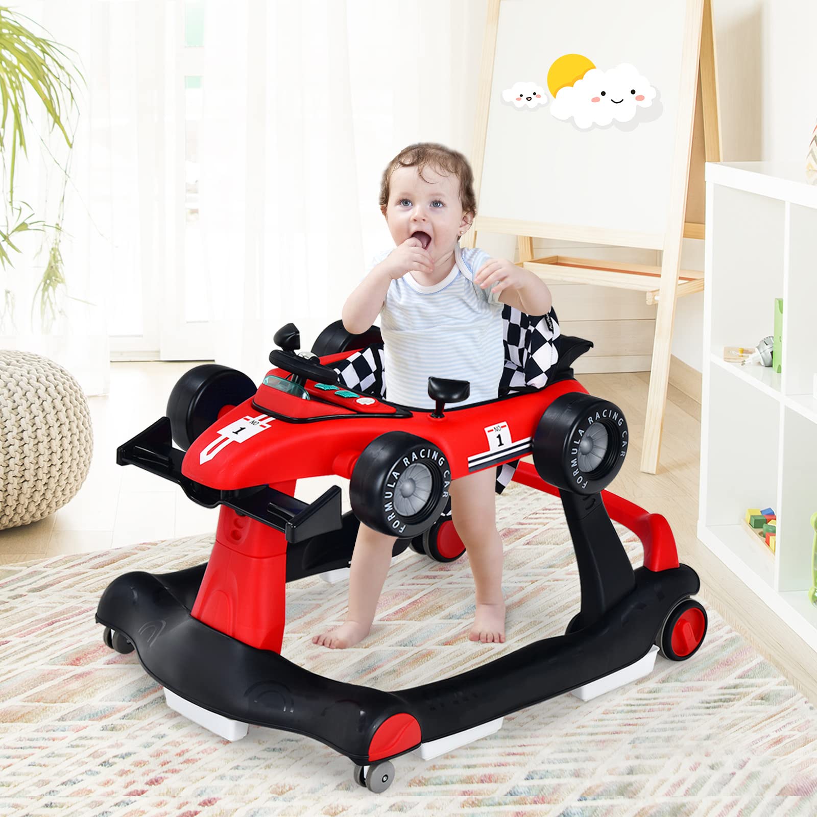 LIFEZEAL 4 in 1 Lauflernhilfe Baby, Höhenverstellbares & Klappbares Babywalker, Baby Gehfrei ab 6 Monate, Laufwagen mit einstellbarer Geschwindigkeit, Licht & Musik (rot)