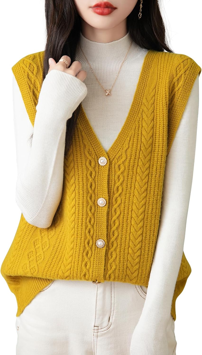 Chanyarn Women's 100% Merino Wool Sweater Vest 2025 Fall Winter V Neck Button Down Sleeveless Cable Knit Sweater Vest