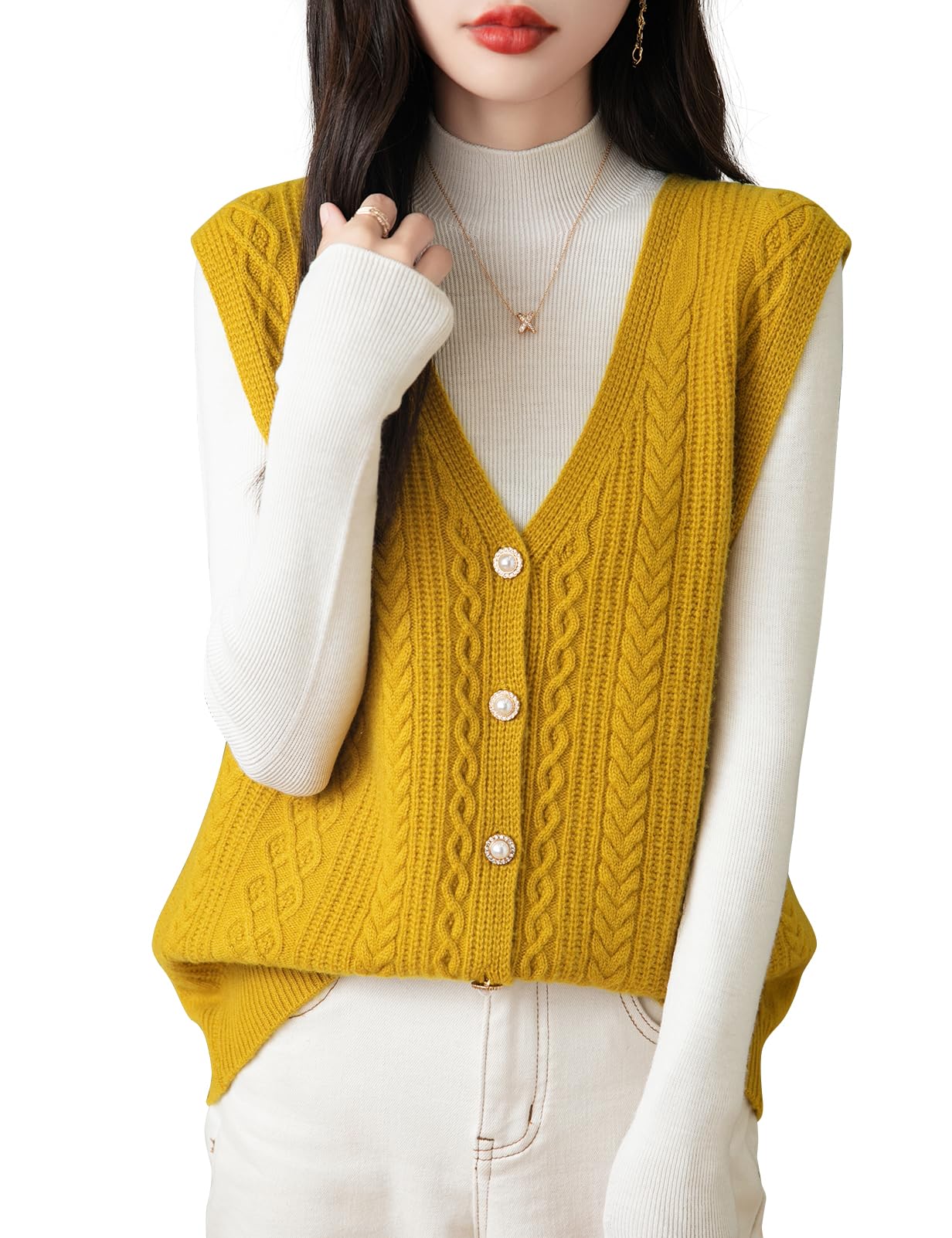 chanyarn Women's 100% Merino Wool Sweater Vest 2025 Fall Winter V Neck Button Down Sleeveless Cable Knit Sweater Vest-picture-46