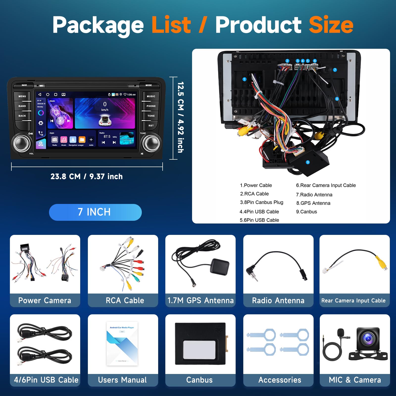 Hodozzy 4G+64G Radio para Audi A3 8P RS3 S3 2003-2012 con Carplay Android Auto Inalámbrico, Android 2 DIN Pantalla Táctil 7 Pulgadas para Audi A3 con GPS Bluetooth WiFi DSP Radio FM/RDS Canbus Cámara