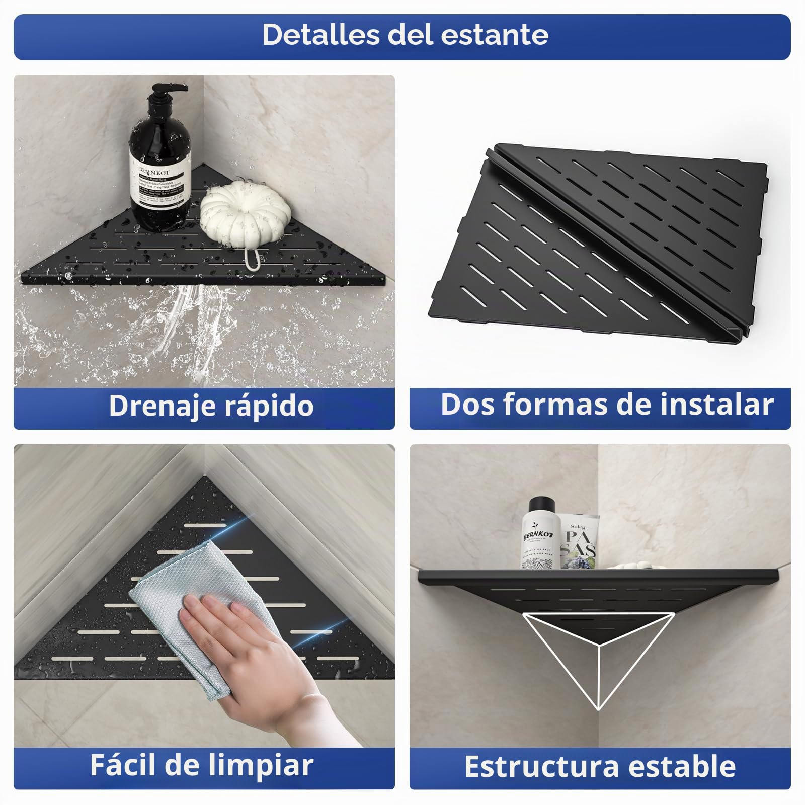 Estantería esquinera para Ducha de 305 mm, Color Negro Mate, Acero Inoxidable 304, estantería de Esquina empotrada, para Pared de Azulejos, sin taladrar, 2 Unidades