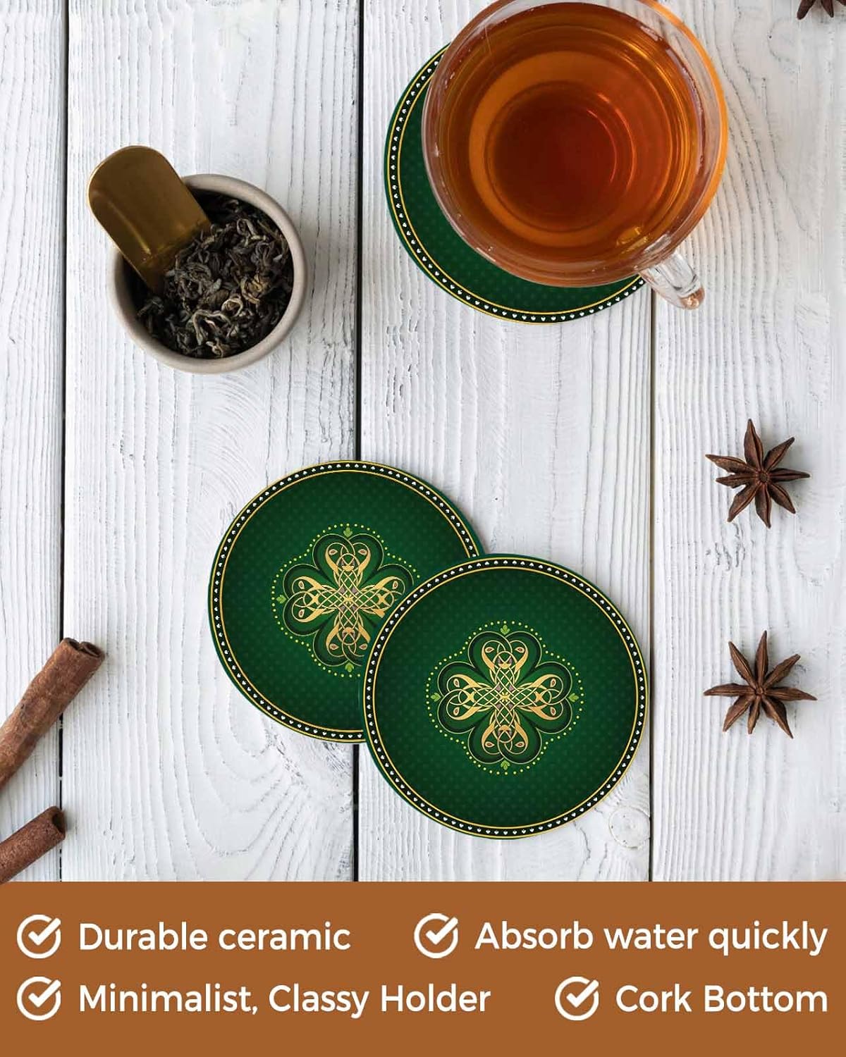 St Patricks Day Drink Coasters Set of 6 with Holder,Absorbent Round Ceramic Coasters for Desk,Modern Green Shamrock Gold Textured Cup Mats for Home Kitchen Office Party Coffee Table Decor Supplies