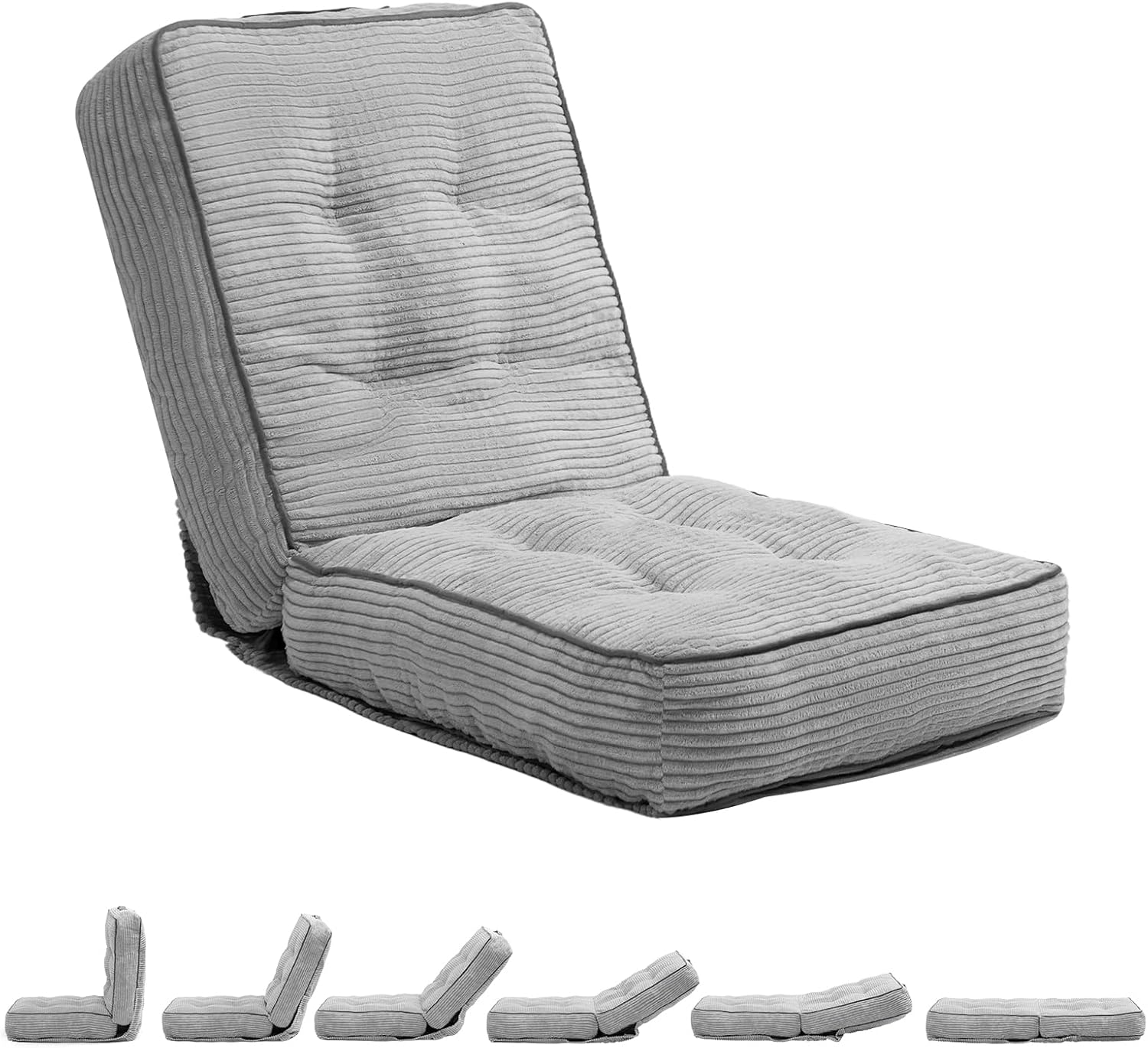 hollyhome adjustable floor chair with 6 positions, folding lazy sofa recliner with back support, thick sponge cushion and portable handle, comfy gaming meditation chair for dorm, bedroom, light grey