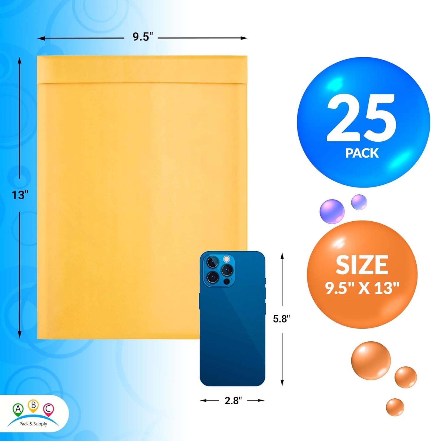 ABC Yellow Kraft Bubble Mailer Envelopes 9.5 x 13 Inch. 25 Pack of Kraft Paper Mail Padded Envelopes Self Seal. Opaque Kraft Mailers. Water-Resistant Padded Mailing Envelopes for Jewelry, Cosmetics