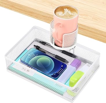 ROSYLINE Rotary Under Desk Storage Organizer with Cup Holder & Drawer Tray | hickened C-Clamp, High Load No Deformation Sag-Proof, Steel Construction, Clip-On No Drill Mount, Office & Household Storage