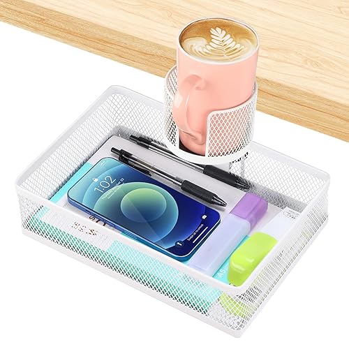 ROSYLINE 360°rotation under desk drawer, Drawer Under Desk Storage Organizer, Rotary Desk Storage Organizer with Cup Holder, Under Desk Storage, Clamp Drawer Basket, sturdy and durable (White)