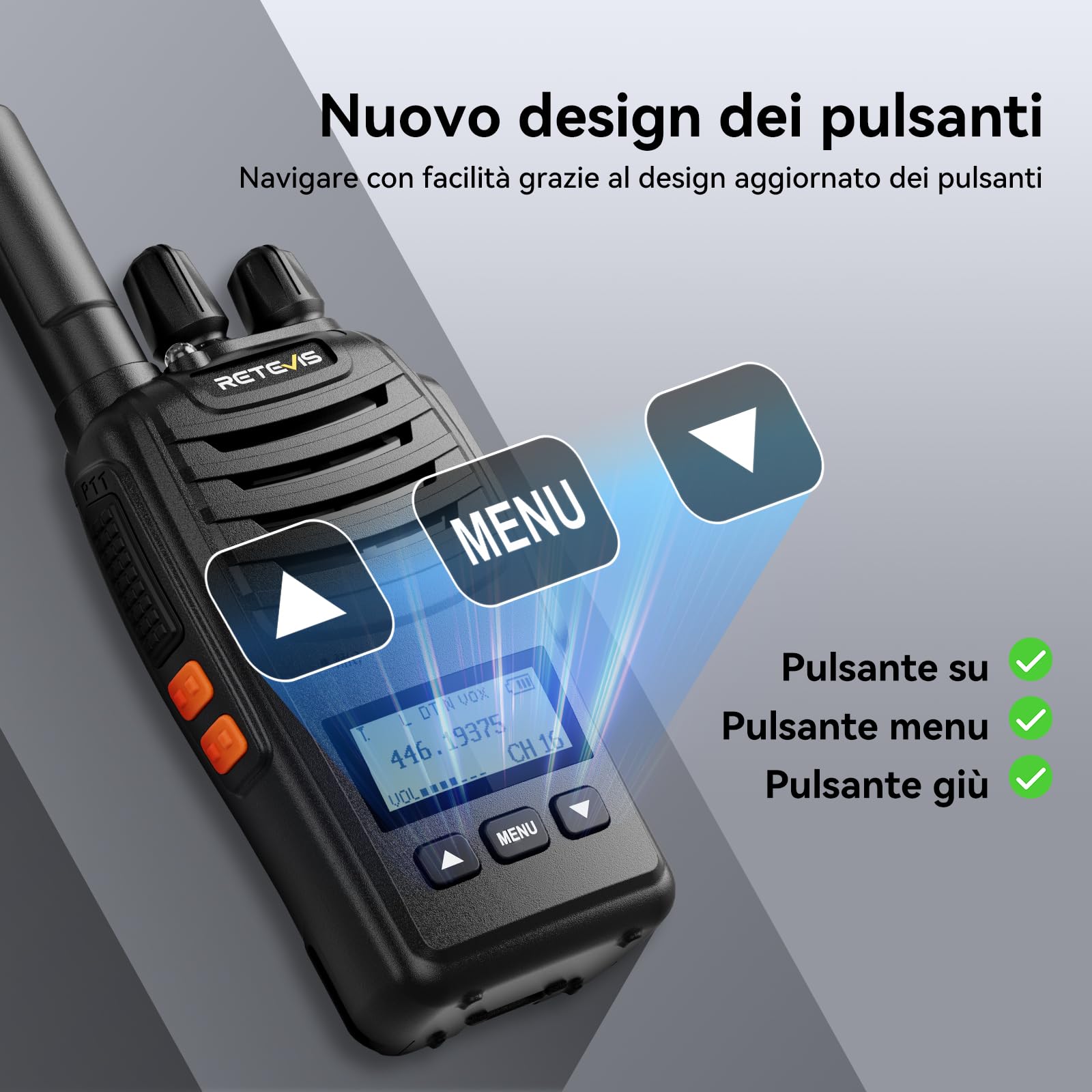 Retevis H777D Walkie Talkie con Schermo LCD, PMR446, Ricarica Tipo C, 1200 mAh, Allarme di Emergenza, Radio Bidirezionale Portatile per Avventure in Campeggio e in Bicicletta (Confezione da 2, Nero)