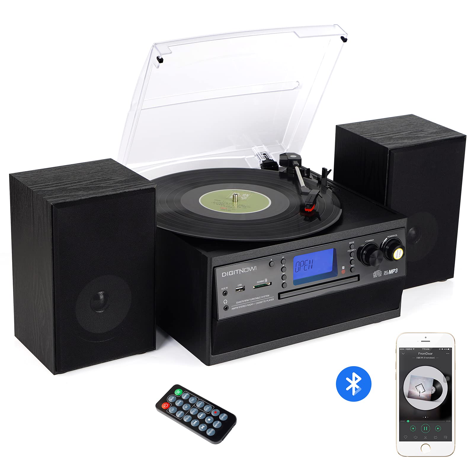 DIGITNOW! Tourne-Disque Bluetooth Viny pour CD, Cassette, Radio AM/FM et entrée auxiliaire, Port USB et encodage SD, télécommande, avec Haut-parleurs stéréo autonomes