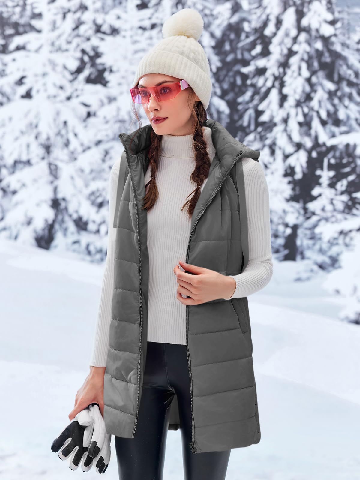 Imily Bela Damen Steppweste Lange Leichte Weste mit Kapuze Ärmellos Winterjacke Warm Übergangsweste