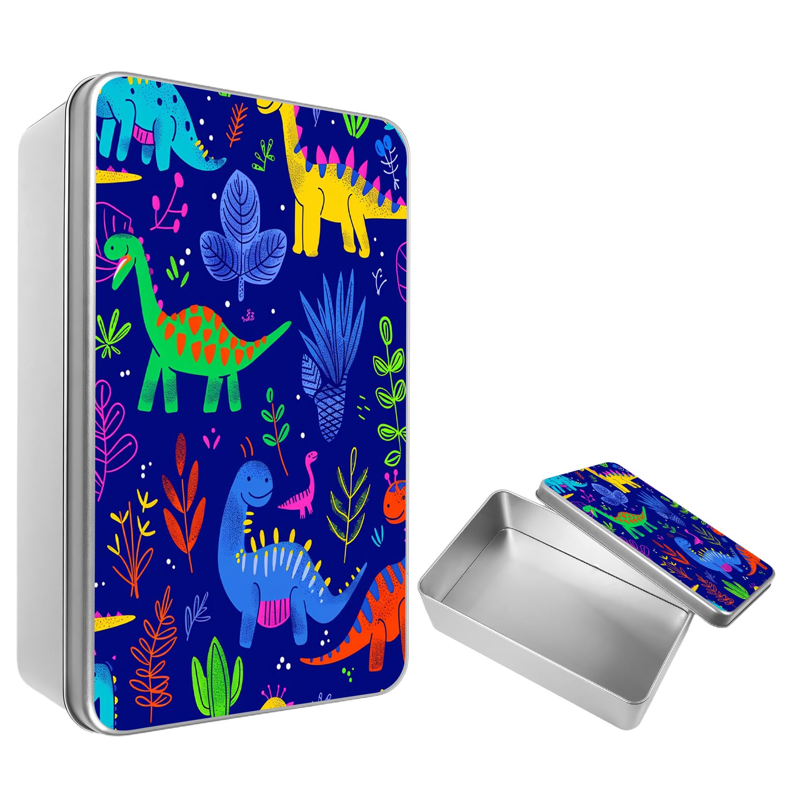 XPMPDYID Metal Tin Box with Lid, Rectangular Storage Bins Organizer, Dinosaur Decorative Storage Box Containers for MTG Card Trinket Jewelry Key Craft for Desk Home Office Gift