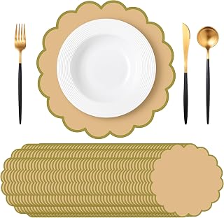 Tinlade 50 Pcs Paper Placemats, 13.5 Inch Disposable Scalloped Placemat, Decorative Round Table Place Mats for Birthday, Wedding, Bridal Shower, Baby Shower, Tea Party, Dining Tableware (Brown)