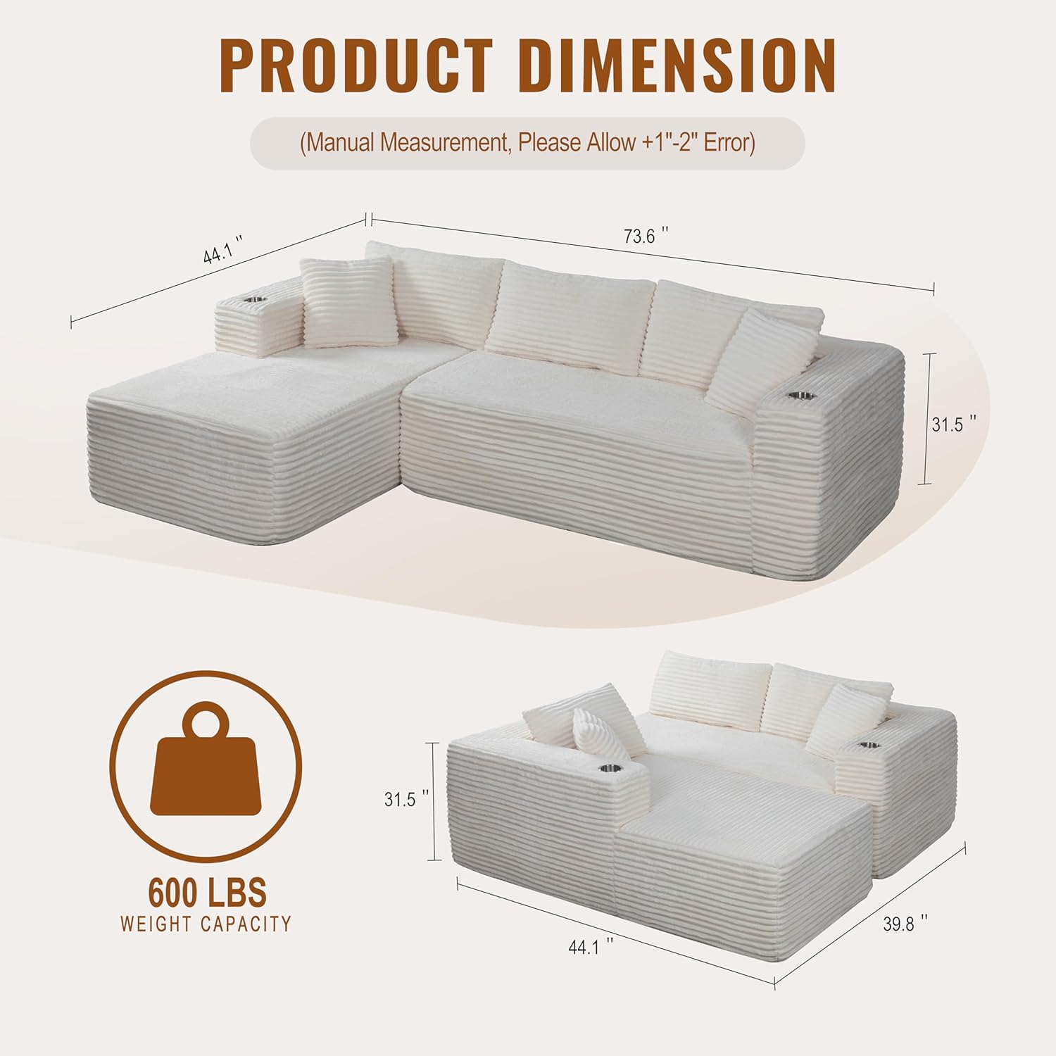 Shintenchi Boneless Couches for Living Room with 2 Cup Holders,L Shaped Modular Sectional Sofa Set,No Assembly Needed Plush Corduroy Living Room Set,White