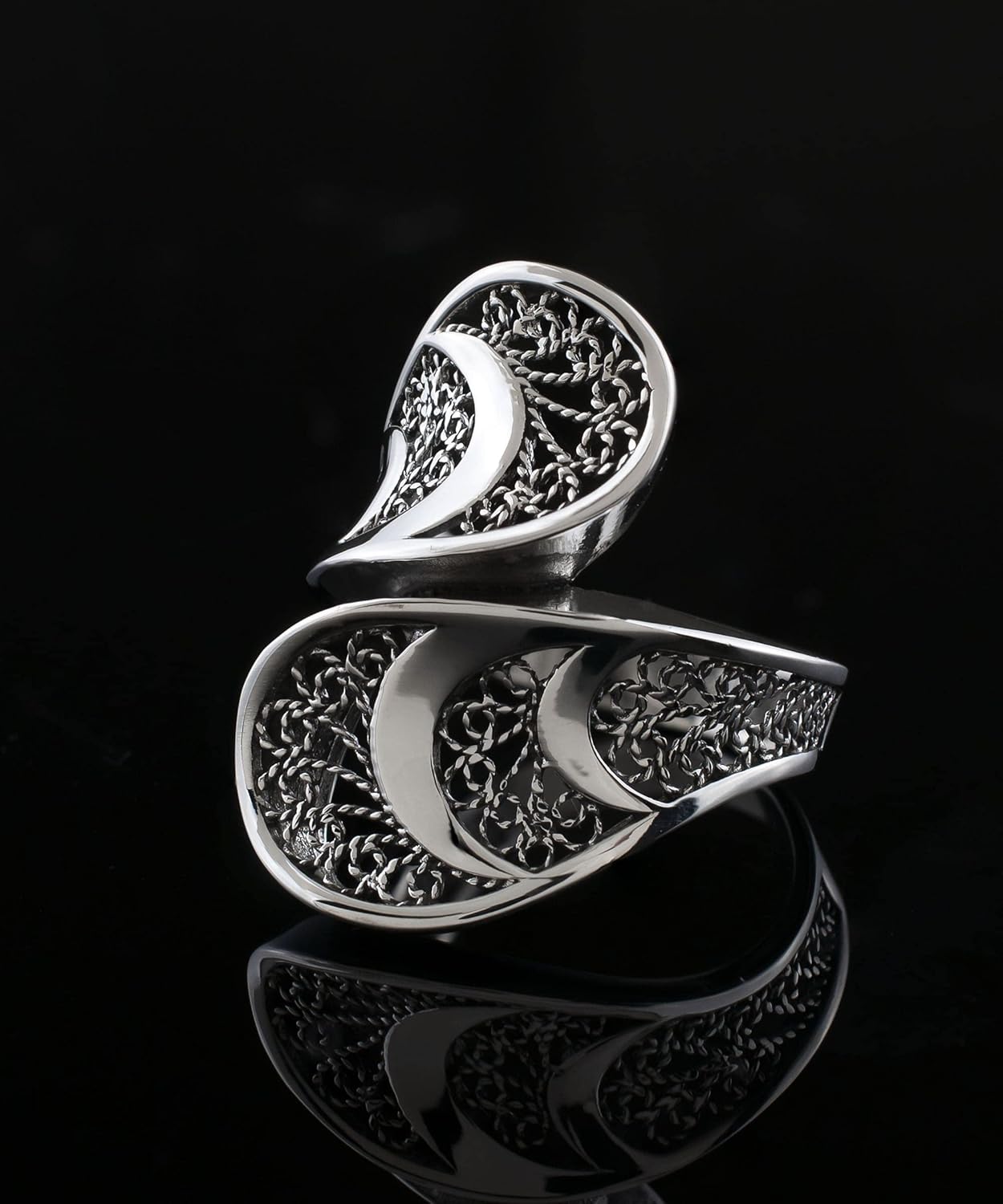 Filigranist 14k Gold Plated 925 Sterling Silver Handcrafted Filigree Art Bypass Design Women Statement Ring