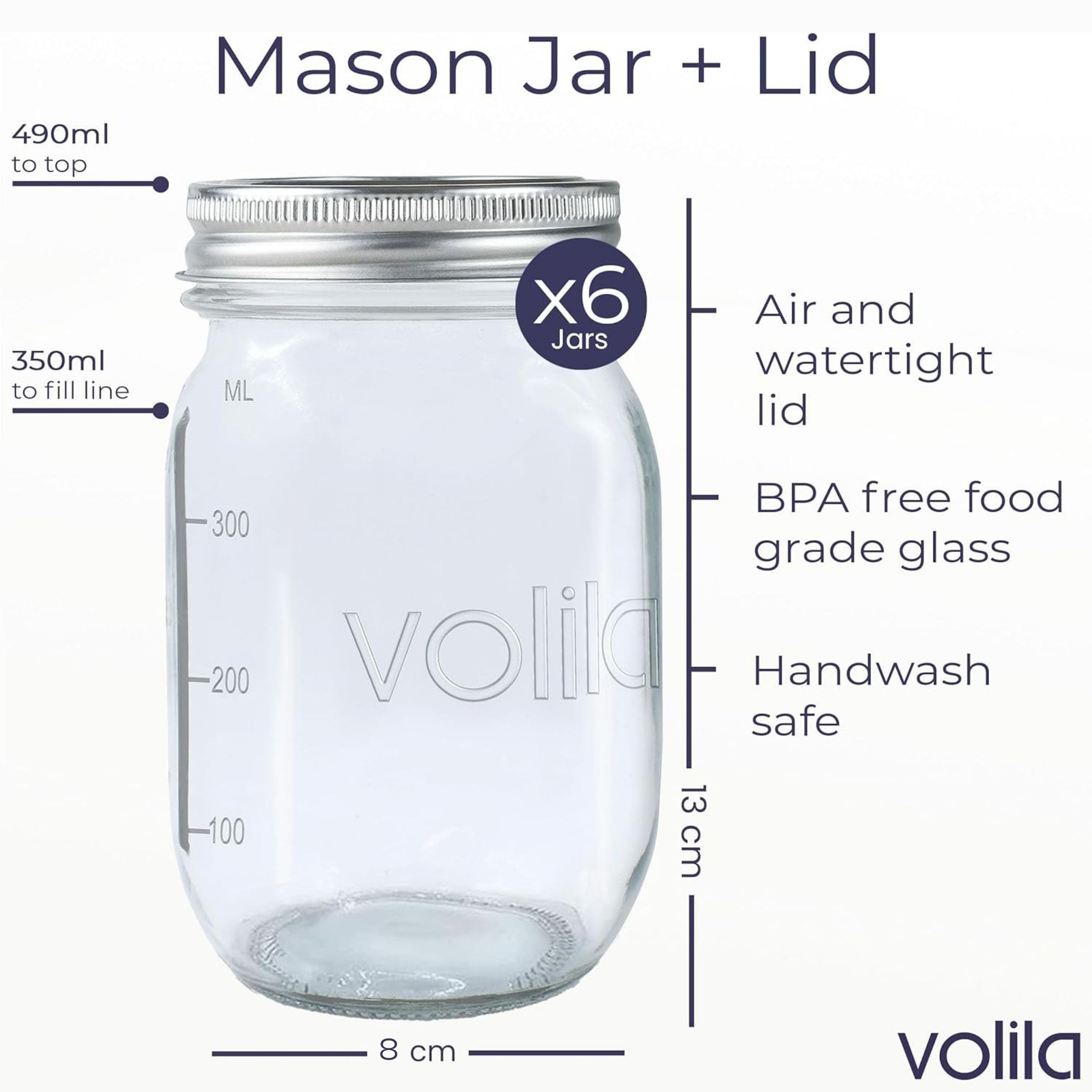 volila Mason Glass Airtight Jar - Screw Top Mason Jars with Lids 490ml (Glass 500ml - 6 Pack)