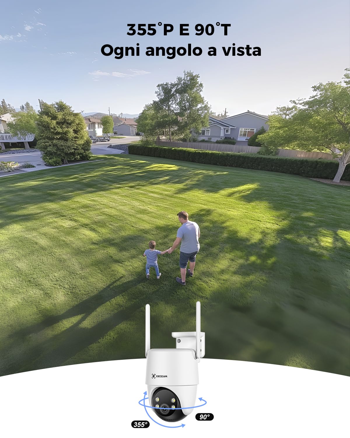 COCOCAM 24/7 Registrazione AOV Telecamera Wi-Fi Esterno Senza Fili | Solare con Batteria 10000mAh Pannello Solare 8W, 2K PTZ, Rilevamento AI, Tracking AI, Visione Notturna 30 Metri, IP66