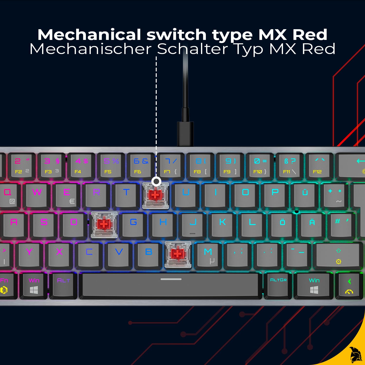 EMPIRE GAMING K241 - Smukła, niskoprofilowa aluminiowa kompaktowa mechaniczna klawiatura gamingowa DE (QWERTZ), przewodowa odłączana USB-C 69 klawiszy MX Red, RGB 24 efekty, NKRO, kompatybilna z PC/P5