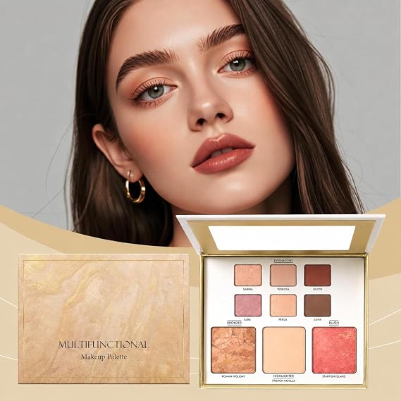 All-in-one Makeup Set with Brush,Baked Starter Makeup Palette Kit, Women and Teens Makeup Gift Set Surprise, Includes Bronzer, Blush, Highlighters and 6 Eyeshadows,Travel-Friendly