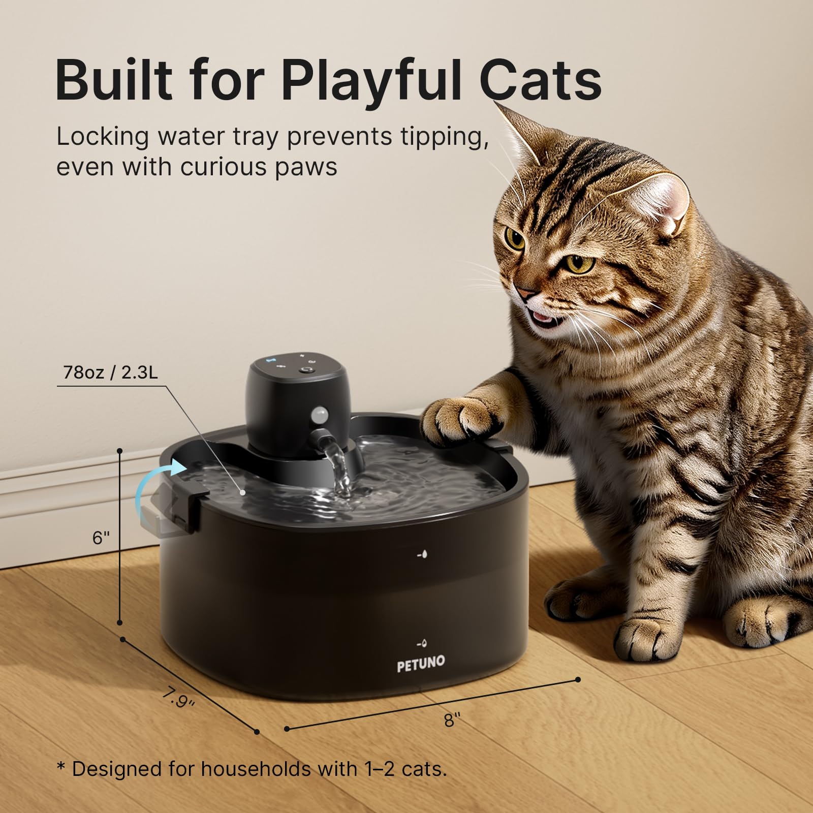Fontaine à eau sans fil pour chat de 2,3 l avec batterie de 4000 mAh, avec détecteur de mouvement, pompe ultra silencieuse et couvercle verrouillable avec 6 filtres, noir
