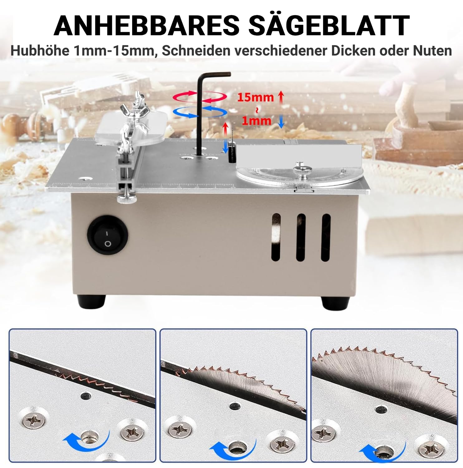 Mini sega circolare da tavolo con disco per lucidatura e 4 lame, mini sega circolare con alimentatore di rete a 7 marce, lama per sega regolabile da 0,1 a 15 mm, sega circolare portatile piccola per