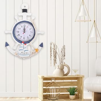 IMIKEYA Maritime Wall Clock Bathroom Clock Maritime Wooden Steering Wheel Wall Clock Bathroom Children's Room Steering Wheel Clock Wall Decoration Silent Clock Maritime Decoration for Living Room Bedroom 34 x 23 cm