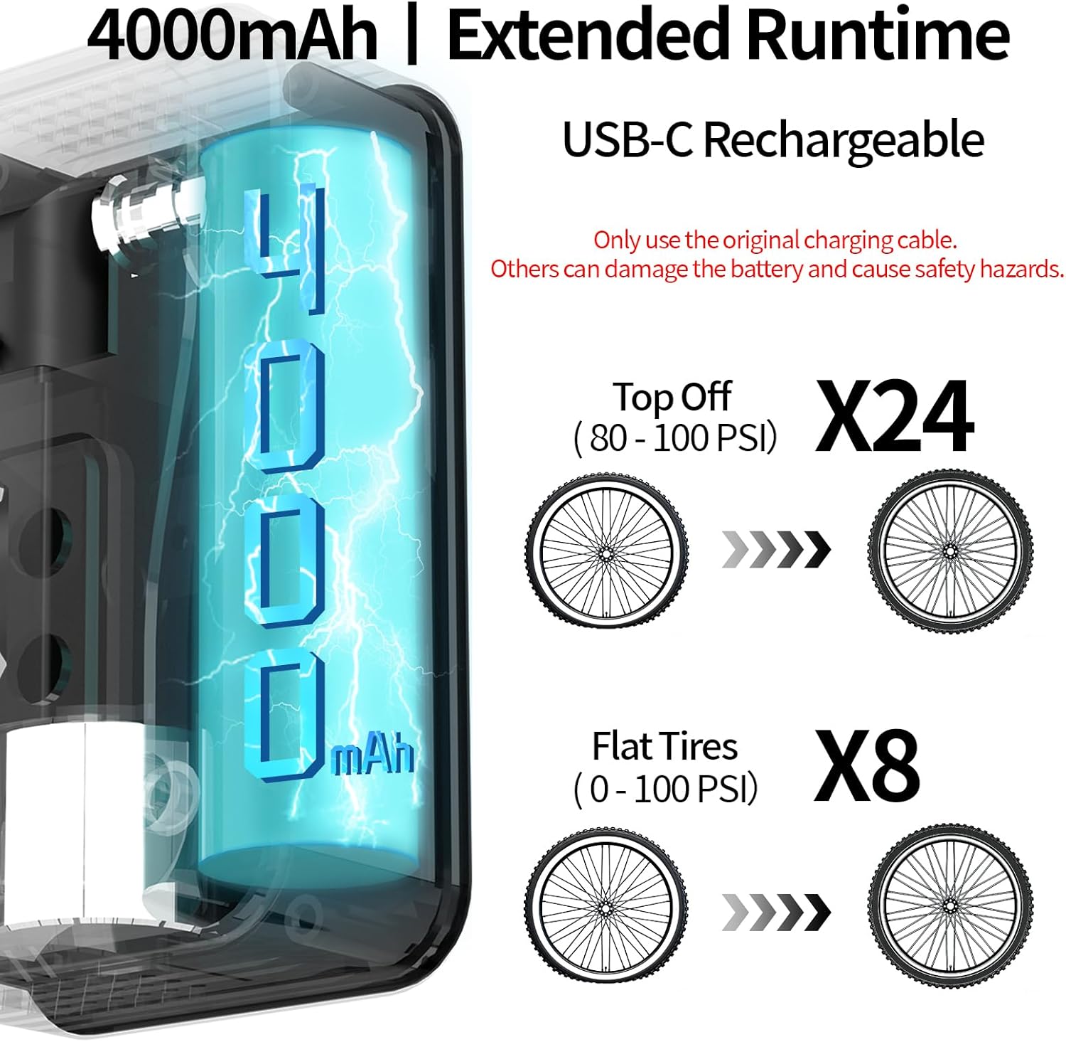 Mini Electric Bike Pump, Max 150 PSI Fast Inflation with Digital Pressure Gauge, Smart Auto Stop, USB-C Rechargeable, Presta & Schrader Valve for Road Bike, MTB, E-Bike, Motorcycle, Balls - Image 4