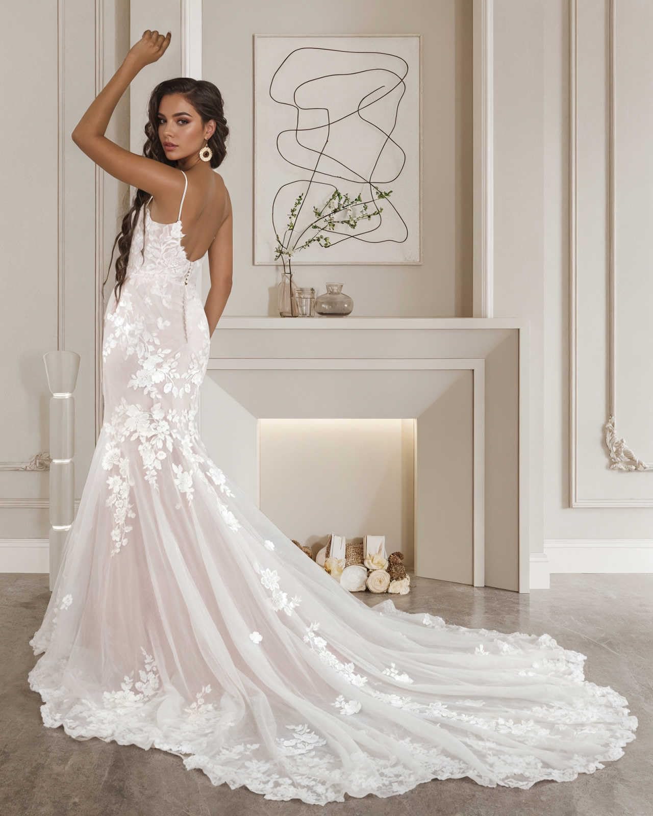 HUINI Spaghettiträger Tüll Spitze Brautkleider für Braut Lange Applikationen Meerjungfrau Brautkleid