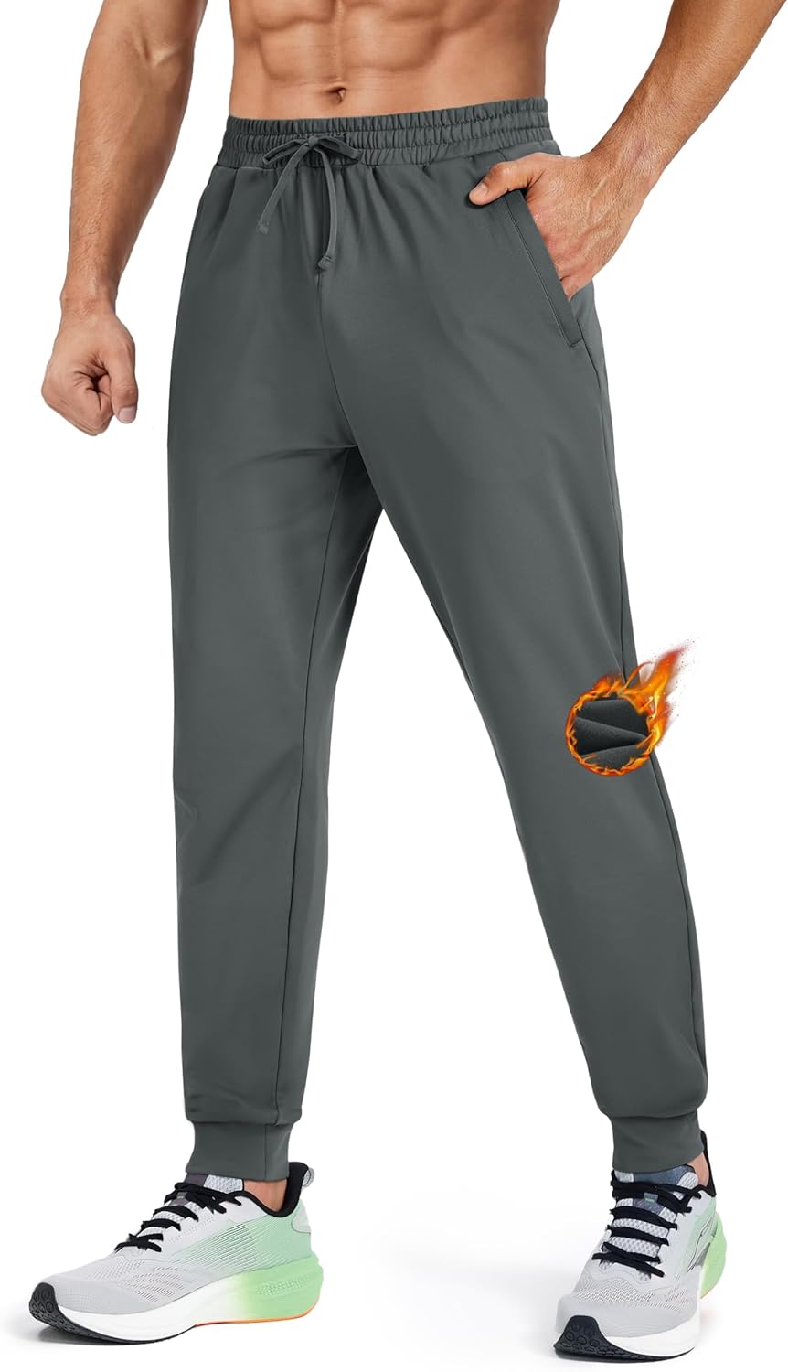 MAGCOMSEN Men's Fleece Lined Winter Warm Pants Water Resistant Active Running Gym Joggers Sweatpants with Zipper Pockets