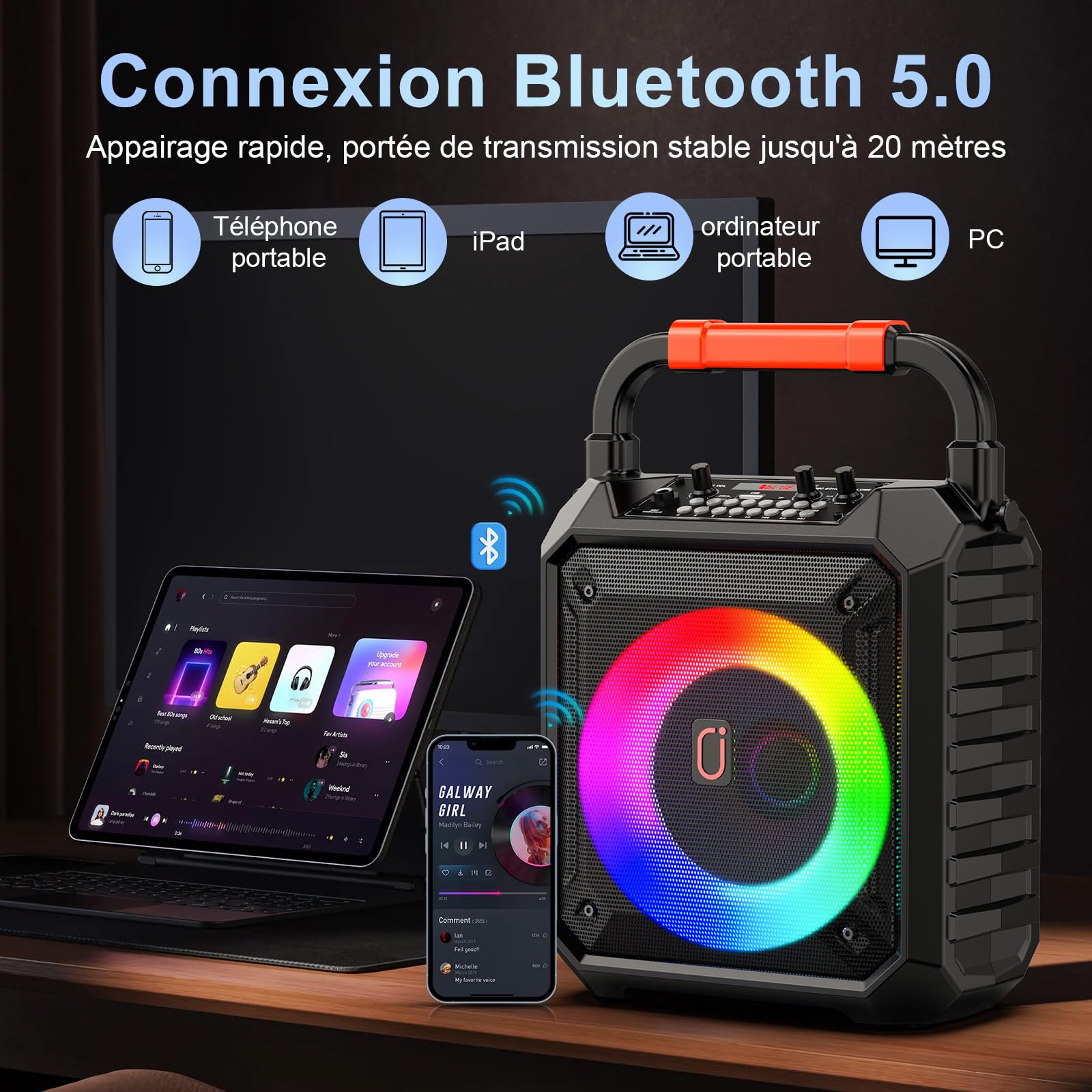 JYX Machine de Karaoké pour Adultes, 80W Enceinte Bluetooth avec 2 Micro sans Fil, Karaoke Complet avec REC/AUX/USB/TF, Équipement de Karaoke Portable pour Fêtes à Domicile/Camping en Plein Air