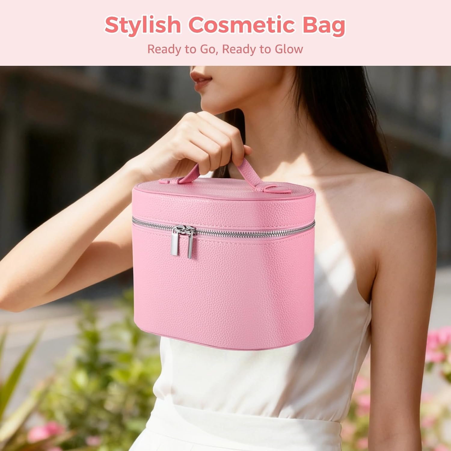Makeup Vanity Bag for Women - Large Capacity Cosmetic Organizer with Removable Liner, Waterproof PU Leather Skincare Bag, Portable chic Cosmetic Make Up Case for Skincare, Brushes, Accessories, Pink - Image 3