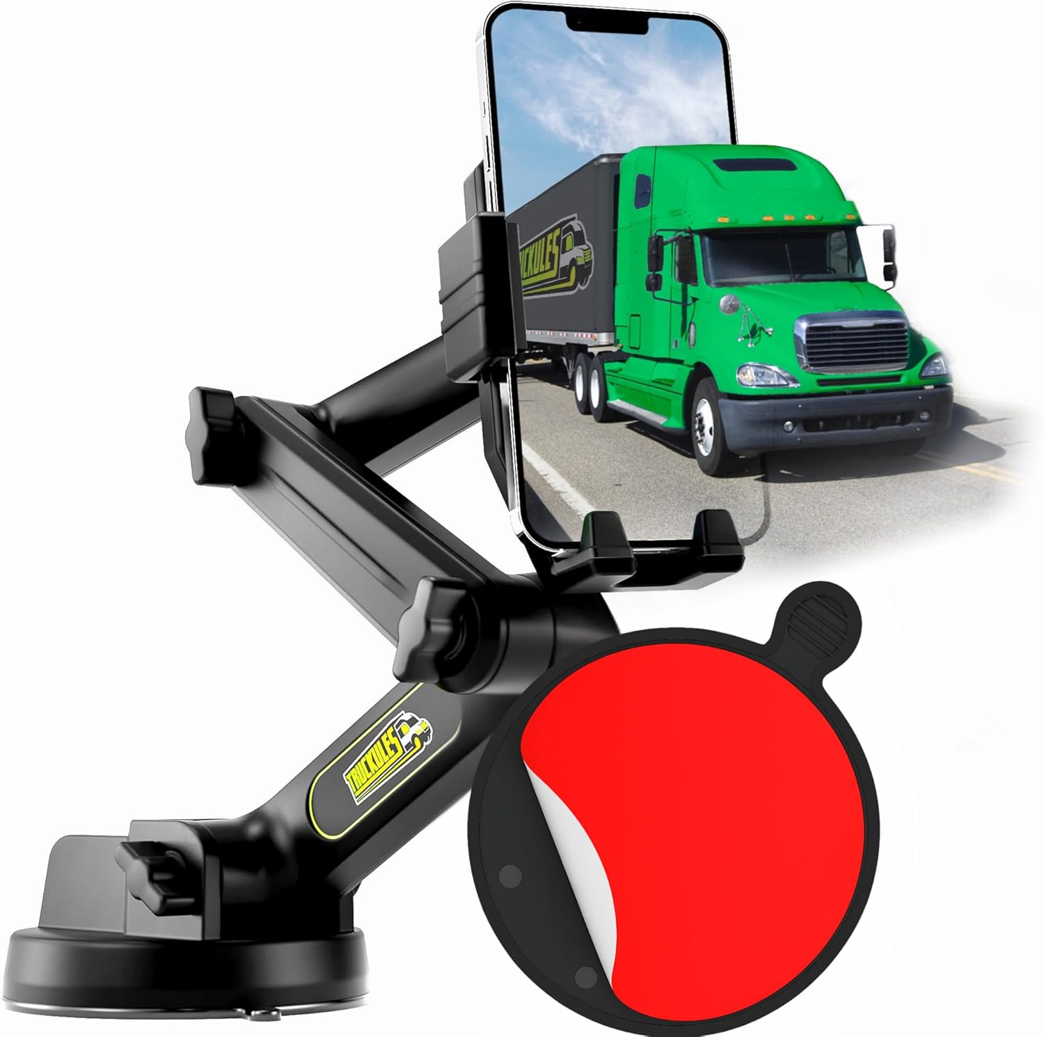 Cell Phone Mount for Truck Phone Holder for Truck Drivers - Heavy Duty Suction Cup + Dashboard Pad, iPhone Holder for Dashboard Window 16.9 inch Long, for iPhone & Samsung, Semi Trucker, Black
