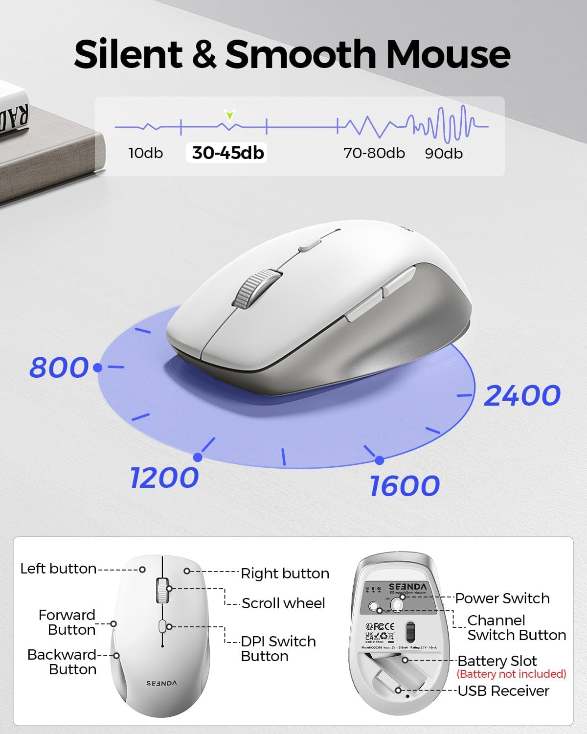 seenda Bluetooth Keyboard and Mouse, Wireless Keyboard Mouse Combo 2.4G Dual Bluetooth Multi-Device Connection Full Size Ultra-Slim Keyboard with Number Pad for Windows/Mac,White & Silver