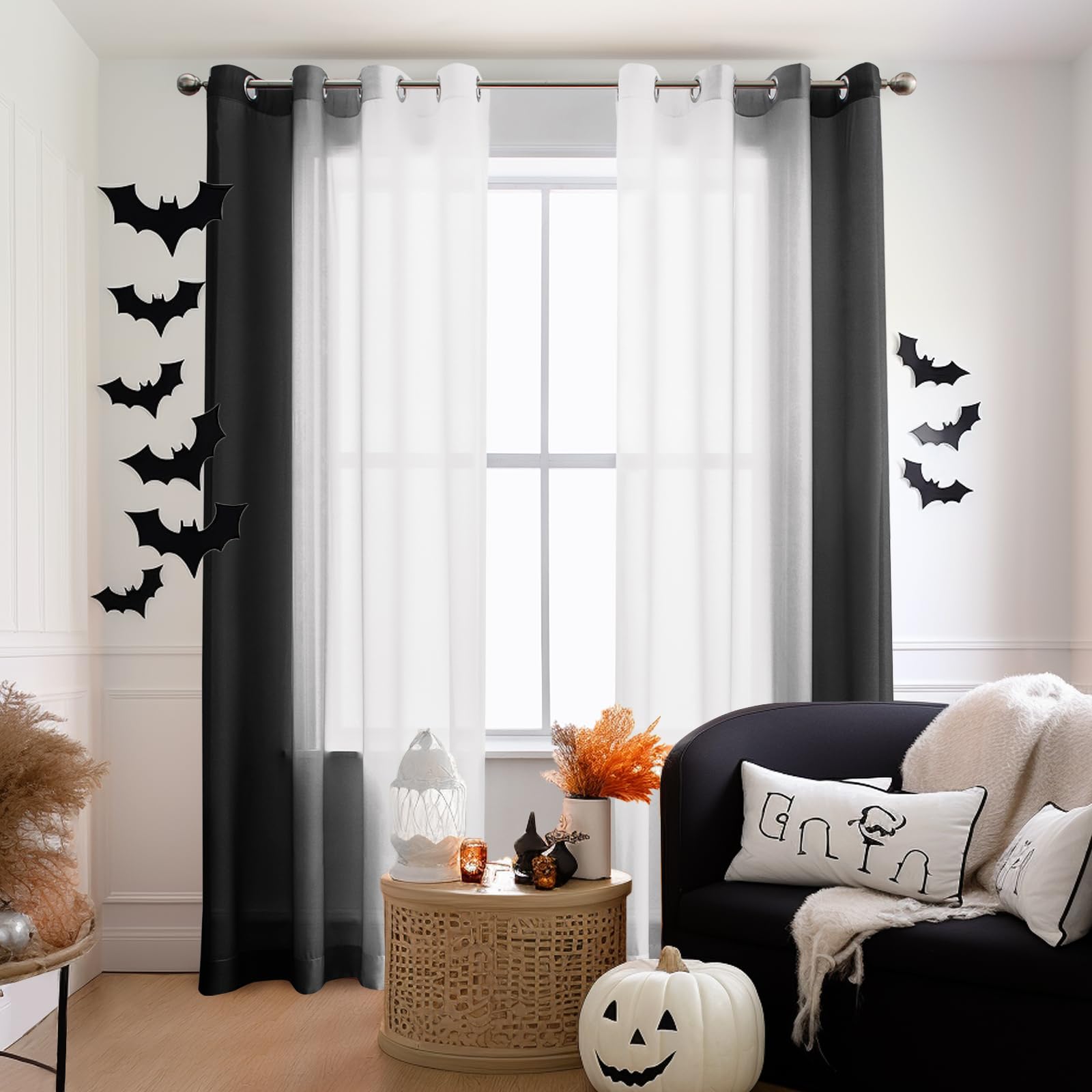 Melodieux Black Ombre Sheer Curtains 84 Inches Long for Living Room, Linen Look White Black Gradient Grommet Voile Drapes, 52 by 84 Inch, 2 Panels