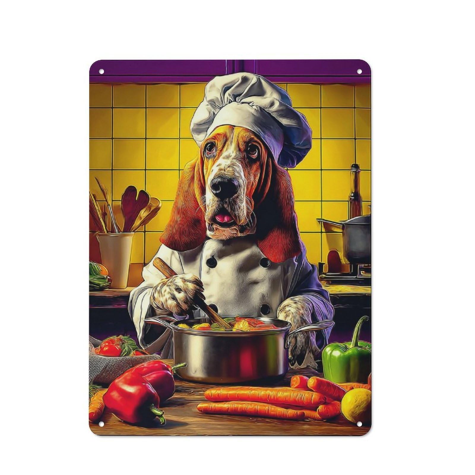 Junmoney Basset Hound Chef Cooking Up A Storm Tin Sign 40X30cm For Café Or Home Bar, Retro Wall Decor, For Garage, Workshop And Man Cave Decoration