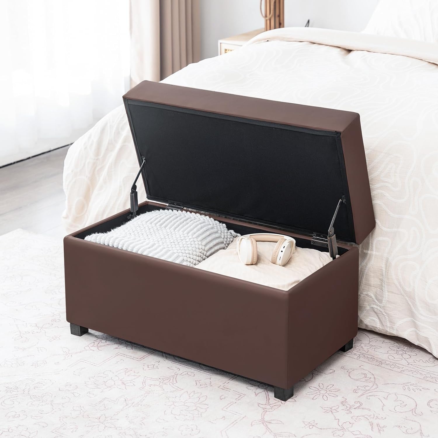 Joveco 32" Leather Storage Ottoman Bench, Rectangle Foot Rest Stool for Living Room, Bedroom, Entryway, Brown