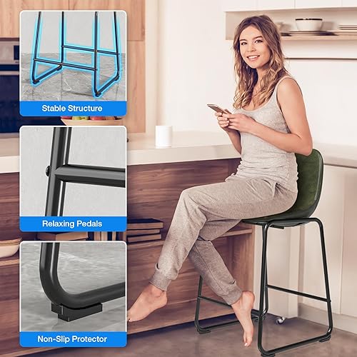 Miniatura 38 de Rfiver Taburetes de bar de piel sintética de poliuretano, juego de 2, taburetes industriales con respaldo y reposapiés, sillas modernas sin brazos